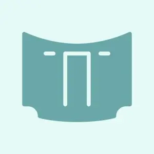A minimalist teal icon of a curved structure with a doorway and two small windows.