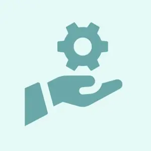 A hand holding a gear symbolizing support or service.