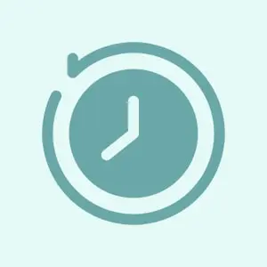 A teal clock icon with a circular arrow around it.
