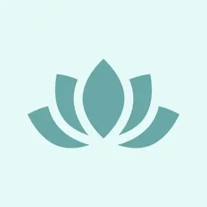 A minimalist teal lotus flower logo on a light background.