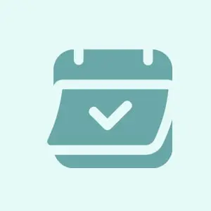 Icon of a calendar with a checkmark on a light blue background.