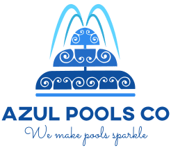 Blue logo of Azul Pools Co. with a pool and water jets.
